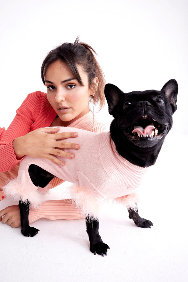 Max Bone Feather Dog Knit Onesie - Peach