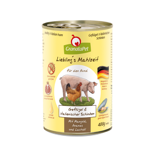 Granatapet Dog wet food Liebling's Mahlzeit poultry & Italian ham