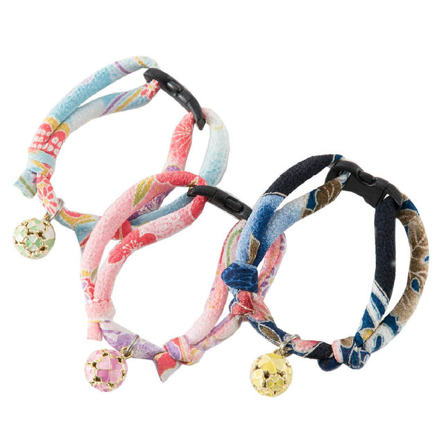 Necoichi Chirimen Cat Collar with Clover Bell Baby Blue