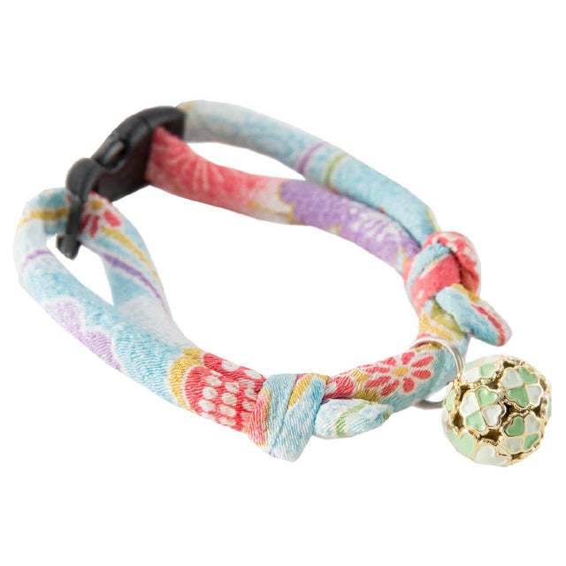 Necoichi Chirimen Cat Collar with Clover Bell Baby Blue