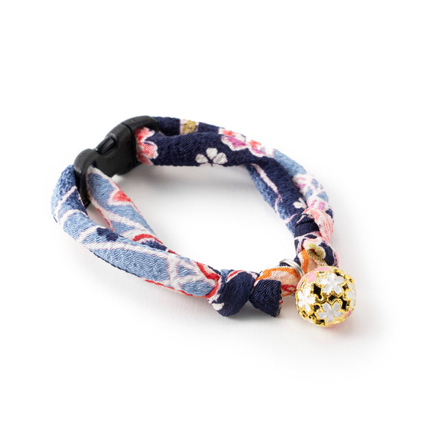 Necoichi Chirimen Sakura Cat Collar Blue