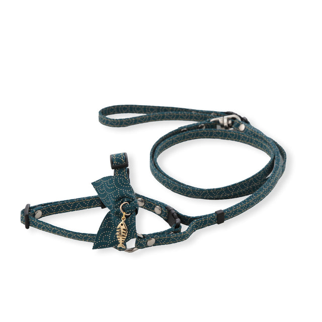 Necoichi ZEN Fish Charm Cat Harness & Leash Set Blue