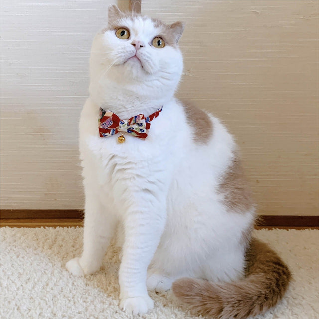 Necoichi Chirimen Kimono Bow Tie Cat Collar Red