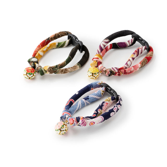 Necoichi Chirimen Plum Blossom Cat Collar Green