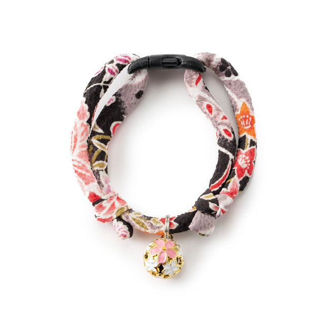 Necoichi Chirimen Sakura Cat Collar Black