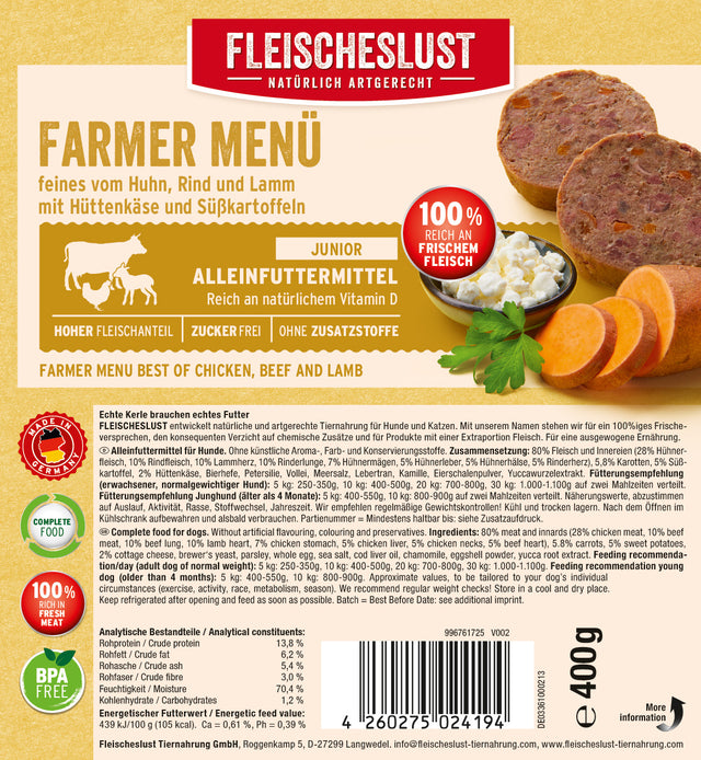 Fleischeslust Junior Dog Wet Food Farmer menu