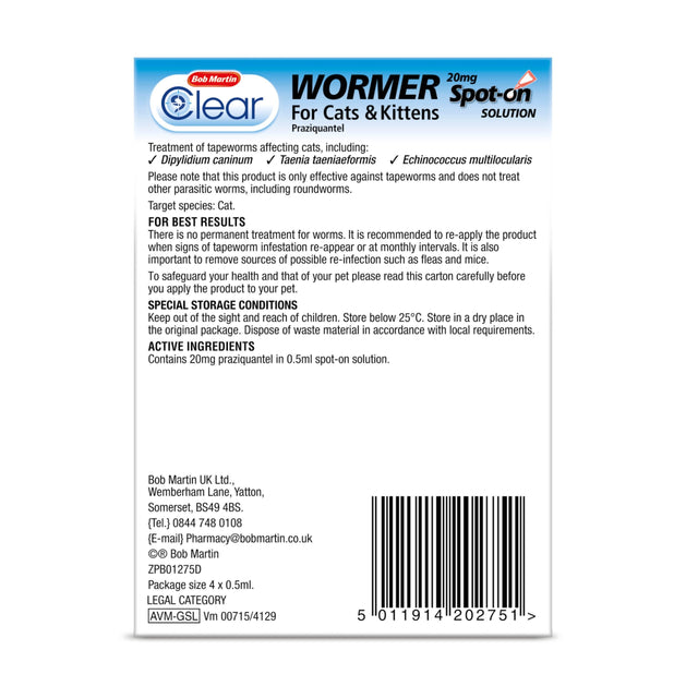 Bob Martin Clear Spot-On Wormer for Cats & Kittens