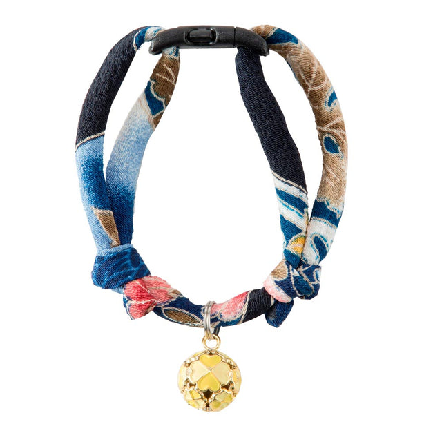 Necoichi Chirimen Cat Collar with Clover Bell Navy