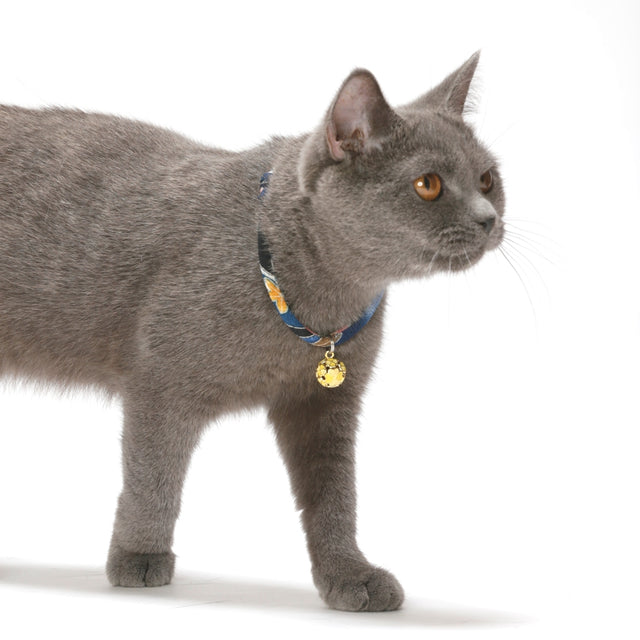 Necoichi Chirimen Cat Collar with Clover Bell Navy