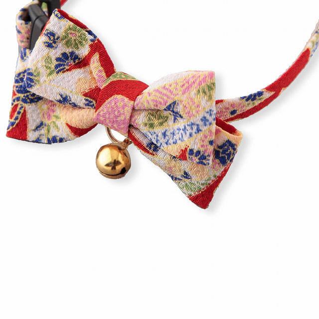 Necoichi Chirimen Kimono Bow Tie Cat Collar Red