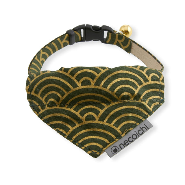 Necoichi Bandana Cat Collar With Air Tag Pocket (Gilded Wave Green)
